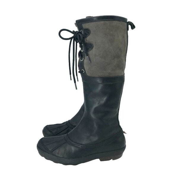 UGG Belcloud Women 8.5 Tall Black Leather Duck Boot Waterproof Sherpa Lined - Picture 6 of 11
